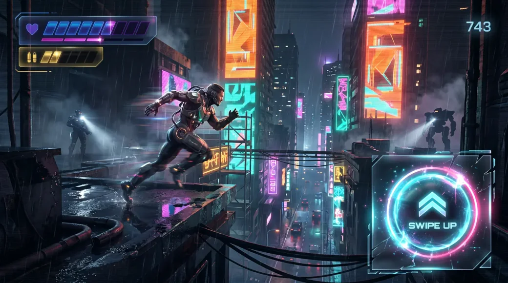 Cyberpunk runner gameplay with a swipe-up prompt